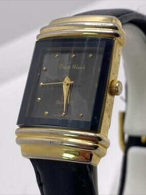 Pierre Nicol Womens Gold Black Leather Watch Works New Battery